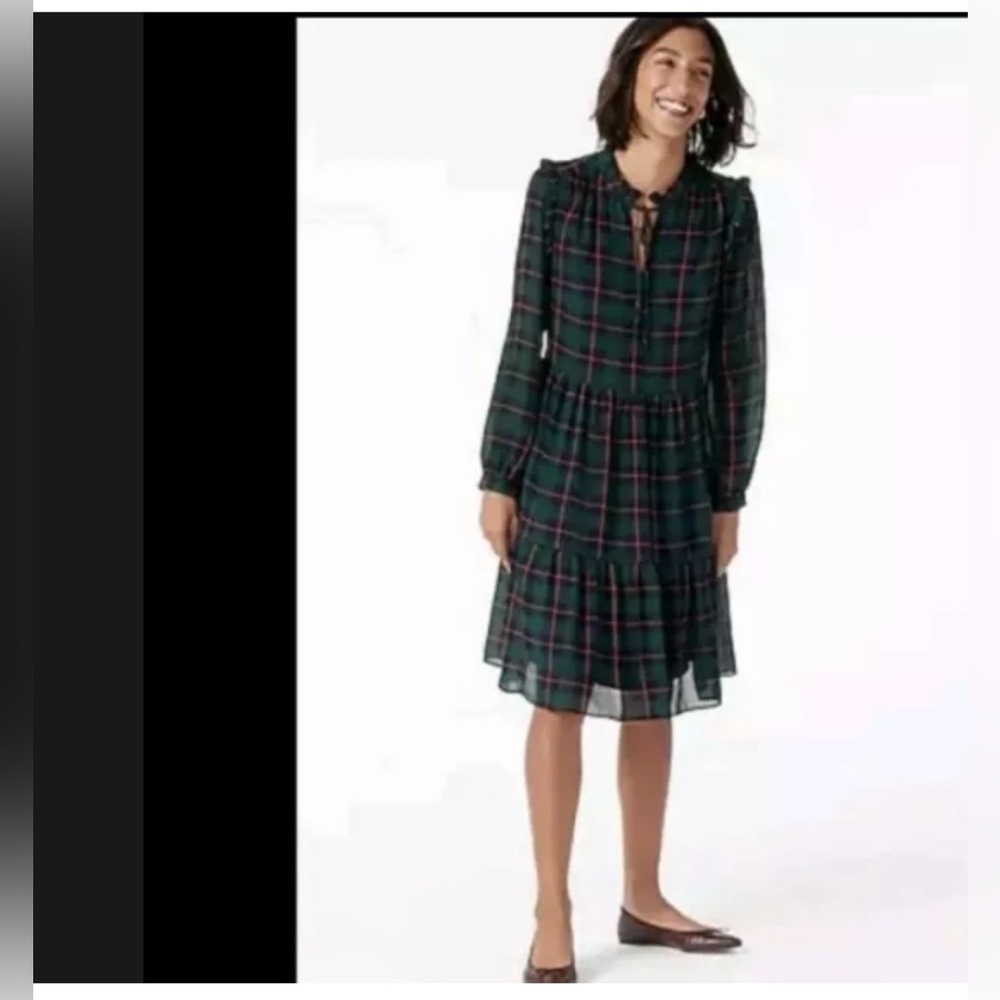 J. Crew Tie-neck tiered dress in Black Watch tartan-AT593 Size XXS/ NWOT